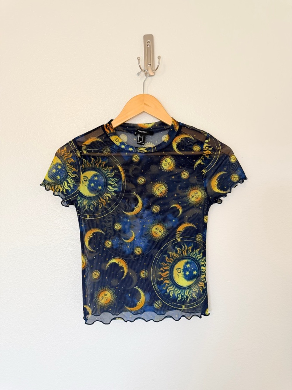 Forever 21 Sheer Sun & Moon Mesh Tee in Black and Blue with Yellow Accents